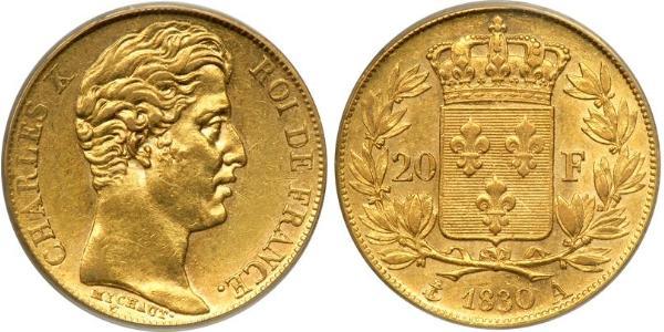 20 Франк Kingdom of France (1815-1830) Золото Карл X король Франции (1757-1836)