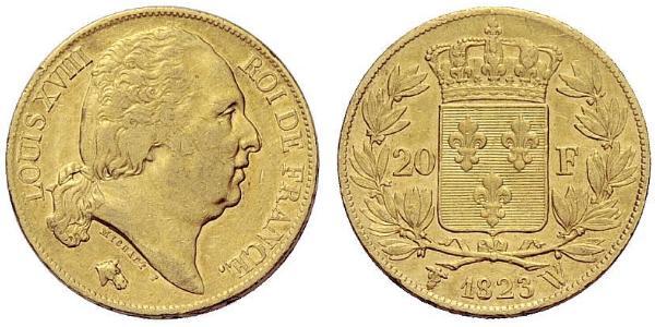 20 Франк Kingdom of France (1815-1830) Золото Людовик XVIII  (1755-1824)