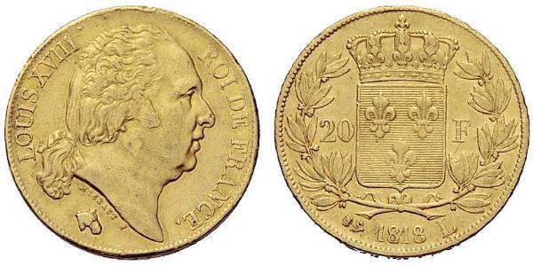 20 Франк Kingdom of France (1815-1830) Золото Людовик XVIII  (1755-1824)