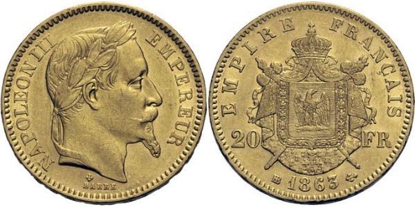 20 Франк Second French Empire (1852-1870) Золото Наполеон ІІІ Бонапарт (1808-1873)