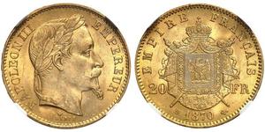 20 Франк Вторая французская империя (1852-1870) Золото Наполеон III Бонапарт (1808-1873)