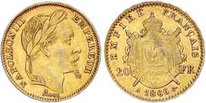 20 Франк Вторая французская империя (1852-1870) Золото Наполеон III Бонапарт (1808-1873)