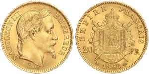 20 Франк Вторая французская империя (1852-1870) Золото Наполеон III Бонапарт (1808-1873)