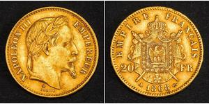 20 Франк Вторая французская империя (1852-1870) Золото Наполеон III Бонапарт (1808-1873)