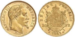 20 Франк Вторая французская империя (1852-1870) Золото Наполеон III Бонапарт (1808-1873)