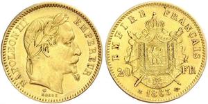 20 Франк Вторая французская империя (1852-1870) Золото Наполеон III Бонапарт (1808-1873)