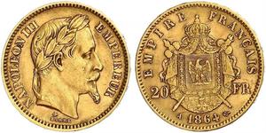 20 Франк Вторая французская империя (1852-1870) Золото Наполеон III Бонапарт (1808-1873)