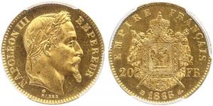 20 Франк Вторая французская империя (1852-1870) Золото Наполеон III Бонапарт (1808-1873)