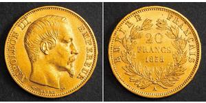 20 Франк Вторая французская империя (1852-1870) Золото Наполеон III Бонапарт (1808-1873)