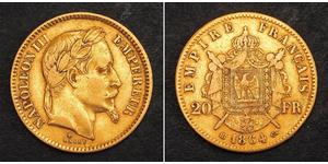 20 Франк Вторая французская империя (1852-1870) Золото Наполеон III Бонапарт (1808-1873)