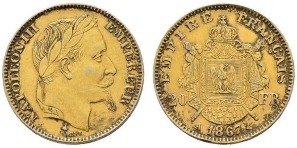 20 Франк Вторая французская империя (1852-1870) Золото Наполеон III Бонапарт (1808-1873)