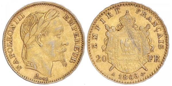 20 Франк Вторая французская империя (1852-1870) Золото Наполеон III Бонапарт (1808-1873)
