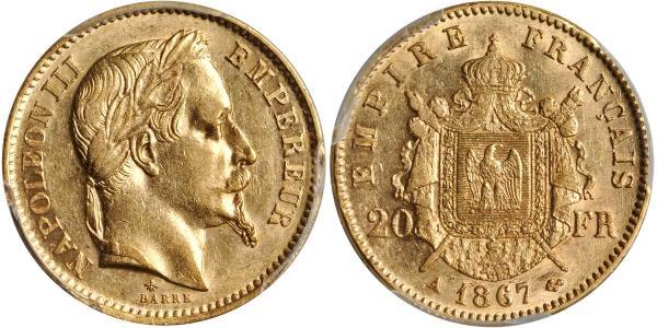20 Франк Вторая французская империя (1852-1870) Золото Наполеон III Бонапарт (1808-1873)