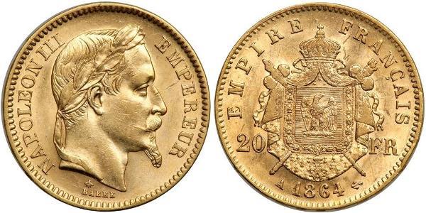 20 Франк Вторая французская империя (1852-1870) Золото Наполеон III Бонапарт (1808-1873)