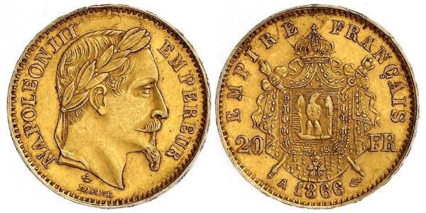 20 Франк Вторая французская империя (1852-1870) Золото Наполеон III Бонапарт (1808-1873)