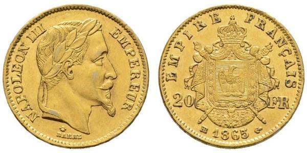 20 Франк Вторая французская империя (1852-1870) Золото Наполеон III Бонапарт (1808-1873)