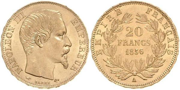 20 Франк Вторая французская империя (1852-1870) Золото Наполеон III Бонапарт (1808-1873)