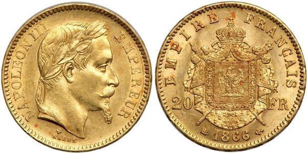 20 Франк Вторая французская империя (1852-1870) Золото Наполеон III Бонапарт (1808-1873)