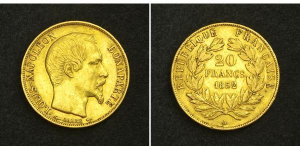 20 Франк Вторая французская империя (1852-1870) Золото Наполеон III Бонапарт (1808-1873)