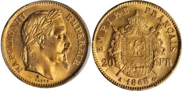 20 Франк Вторая французская империя (1852-1870) Золото Наполеон III Бонапарт (1808-1873)