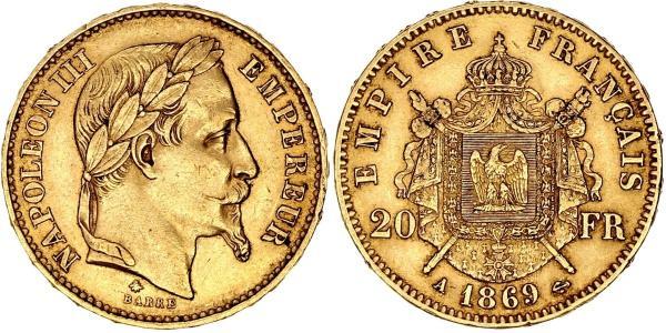 20 Франк Вторая французская империя (1852-1870) Золото Наполеон III Бонапарт (1808-1873)