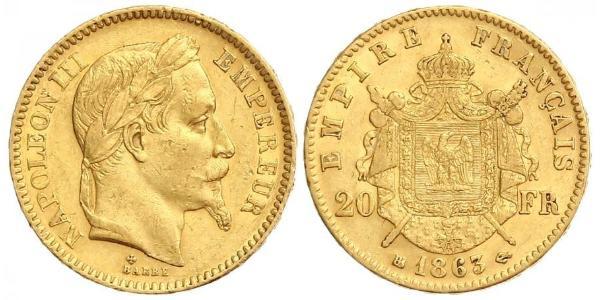 20 Франк Вторая французская империя (1852-1870) Золото Наполеон III Бонапарт (1808-1873)