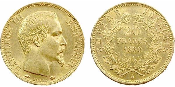 20 Франк Вторая французская империя (1852-1870) Золото Наполеон III Бонапарт (1808-1873)