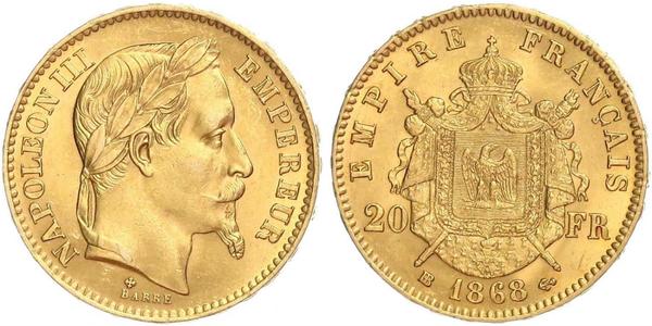 20 Франк Вторая французская империя (1852-1870) Золото Наполеон III Бонапарт (1808-1873)