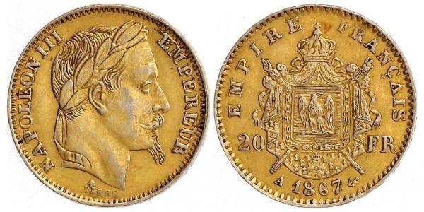20 Франк Вторая французская империя (1852-1870) Золото Наполеон III Бонапарт (1808-1873)