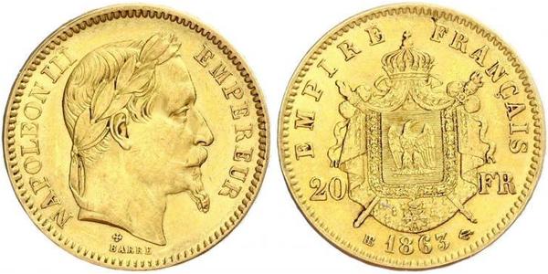 20 Франк Вторая французская империя (1852-1870) Золото Наполеон III Бонапарт (1808-1873)