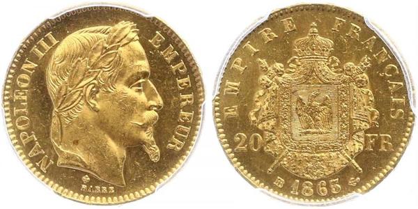 20 Франк Вторая французская империя (1852-1870) Золото Наполеон III Бонапарт (1808-1873)