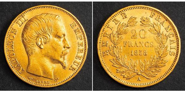 20 Франк Вторая французская империя (1852-1870) Золото Наполеон III Бонапарт (1808-1873)