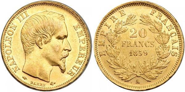 20 Франк Вторая французская империя (1852-1870) Золото Наполеон III Бонапарт (1808-1873)