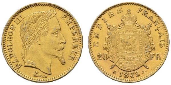 20 Франк Вторая французская империя (1852-1870) Золото Наполеон III Бонапарт (1808-1873)