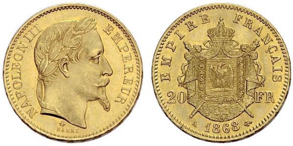 20 Франк Вторая французская империя (1852-1870) Золото Наполеон III Бонапарт (1808-1873)
