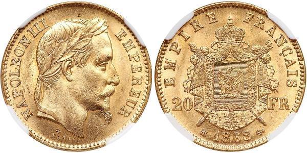 20 Франк Вторая французская империя (1852-1870) Золото Наполеон III Бонапарт (1808-1873)
