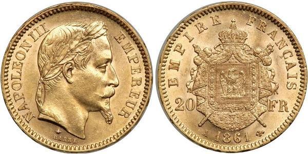 20 Франк Вторая французская империя (1852-1870) Золото Наполеон III Бонапарт (1808-1873)