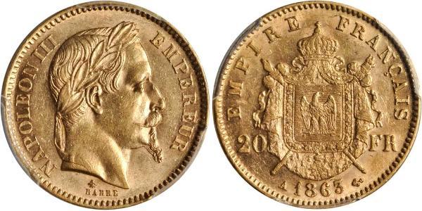 20 Франк Вторая французская империя (1852-1870) Золото Наполеон III Бонапарт (1808-1873)