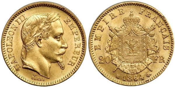 20 Франк Вторая французская империя (1852-1870) Золото Наполеон III Бонапарт (1808-1873)