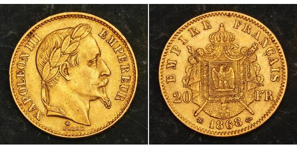 20 Франк Вторая французская империя (1852-1870) Золото Наполеон III Бонапарт (1808-1873)