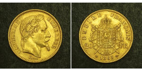 20 Франк Вторая французская империя (1852-1870) Золото Наполеон III Бонапарт (1808-1873)