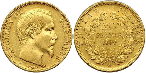 20 Франк Вторая французская империя (1852-1870) Золото Наполеон III Бонапарт (1808-1873)