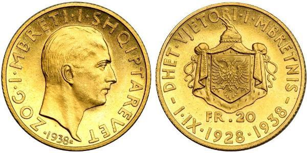 20 Франк Королевство Албания (1928-1939) / Албания Золото Zog I, Skanderbeg III of Albania