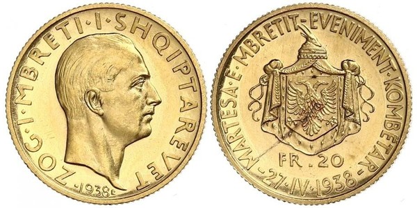 20 Франк Королевство Албания (1928-1939) / Албания Золото Zog I, Skanderbeg III of Albania