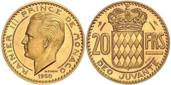 20 Франк Монако Золото Реньє III