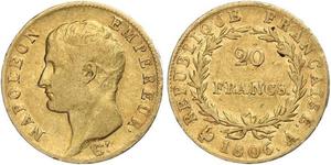 20 Франк Первая Французская империя (1804-1814) Золото Наполеон I(1769 - 1821)