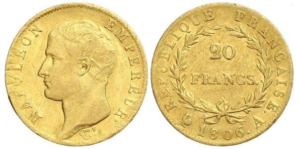 20 Франк Первая Французская империя (1804-1814) Золото Наполеон I(1769 - 1821)