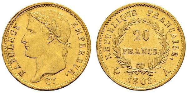 20 Франк Первая Французская империя (1804-1814) Золото Наполеон I(1769 - 1821)