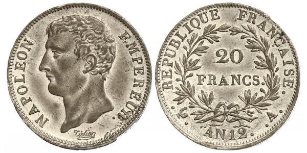 20 Франк Первая Французская империя (1804-1814) Золото Наполеон I(1769 - 1821)