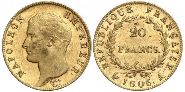 20 Франк Первая Французская империя (1804-1814) Золото Наполеон I(1769 - 1821)